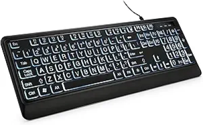 Large Print Backlit USB Keyboard for Seniors & Low Vision - Full Size LED Illuminated Computer Keyboard