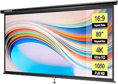 80 Inch 4K Projector Screen - Manual Pull Down Movie Screen for Home Theater