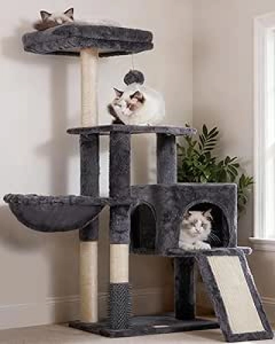 Heybly Cat Tree with Self Groomer Brush & Plush Perch - Indoor Cat Tower