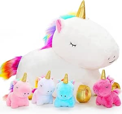 Mommy Unicorn Plush Toy with 4 Baby Unicorns - Soft Stuffed Animal Set for Girls