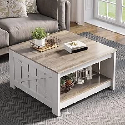 Rustic Grey Wash Farmhouse Coffee Table with Storage - Square Design