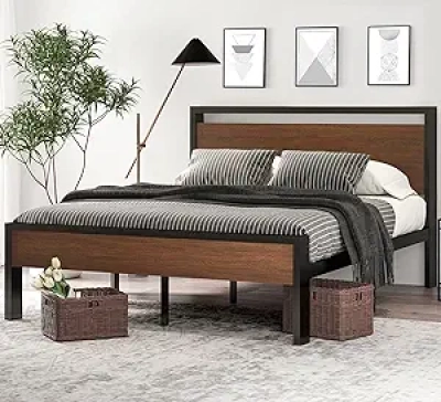 SHA CERLIN 14 Inch Metal Platform Bed Frame with Wooden Headboard - 800 lbs Capacity