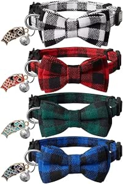 4 Pack Breakaway Cat Collars with Bow Tie & Bell - Adjustable Kitten Collar