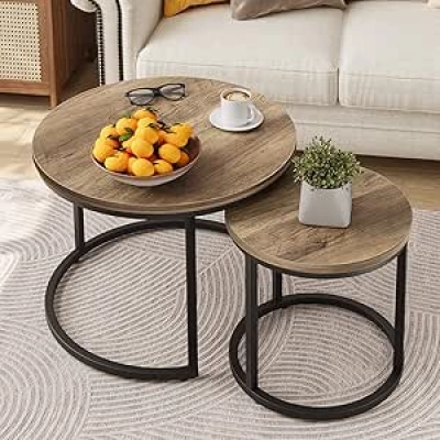 Smuxee Nesting Coffee Table Set of 2 - Round Wood Grain Industrial End Tables for Living Room
