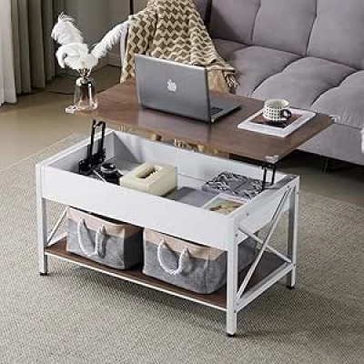 36" Lift Top Coffee Table with Storage Bins - White Walnut Farmhouse Design