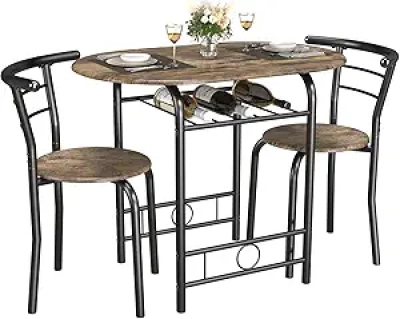 JUMMICO 3-Piece Wooden Round Dining Table & Chair Set with Built-in Wine Rack