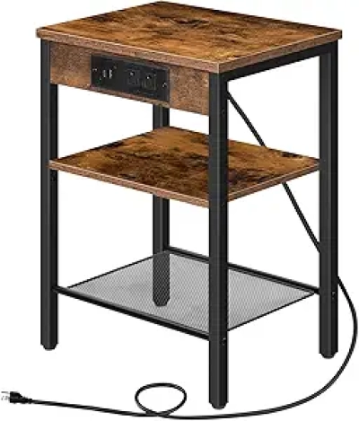 HOOBRO Side Table with Charging Station & USB Port - 3-Tier Nightstand for Small Spaces