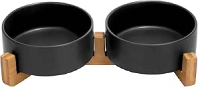 SPUNKYJUNKY Ceramic Dog & Cat Bowl Set with Wooden Stand - Lead-Free