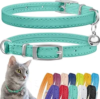 Leather Cat Collar with Bell - Safety Elastic Strap for Kittens & Cats (8-11")