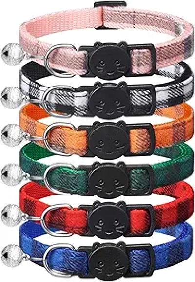 6 Pack Classic Plaid Cat Collars with Bells - Breakaway Kitten Collar