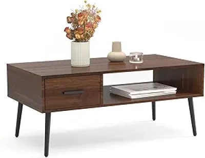 Mid Century Modern Coffee Table with Storage Drawer & Shelf - Dark Brown