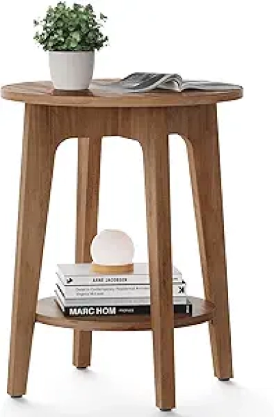 Small Round Side Table with Storage - Modern Walnut End Table for Bedroom & Living Room