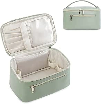 Sage Green Vegan Leather Makeup Bag & Travel Cosmetic Organizer