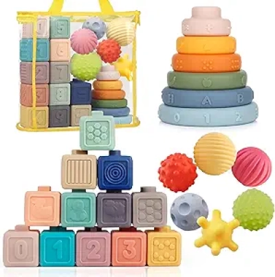 Montessori Soft Stacking Blocks & Sensory Toys Set 3-in-1 for Babies