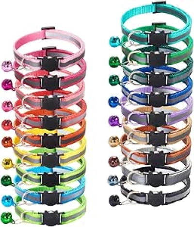 18Pcs Reflective Cat ID Collars with Bell - Adjustable Breakaway Collars for Kittens & Puppies