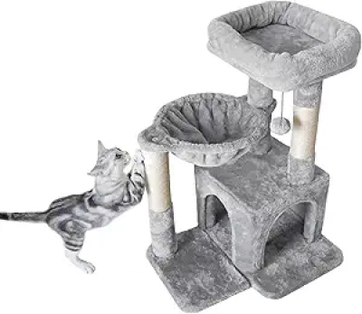 Pesofer Small Cat Tree 29" - Sisal Scratching Post & Hammock | Light Gray