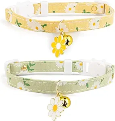 2 Pack Breakaway Cat Collar with Bell - Adjustable Cotton Kitten Collar Yellow & Green Flowers