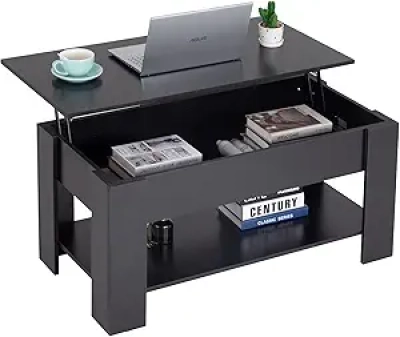 39.4" Lift Top Coffee Table with Hidden Storage Compartment - Black Wood Desk for Living Room