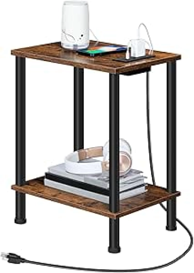 HOOBRO Side Table with Charging Station & USB Port - Rustic Brown Nightstand