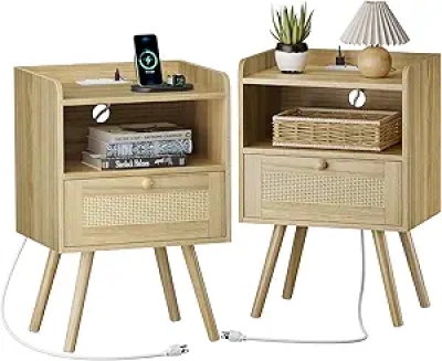 SUPERJARE Nightstands Set of 2 with Charging Station & Rattan Drawers