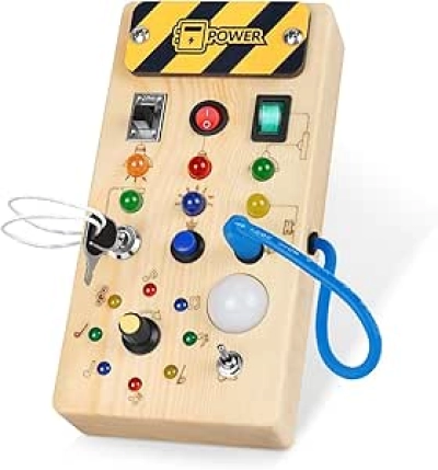 Montessori Wooden Busy Board with 8 LED Light Switches - Sensory Toys for Toddlers 1+
