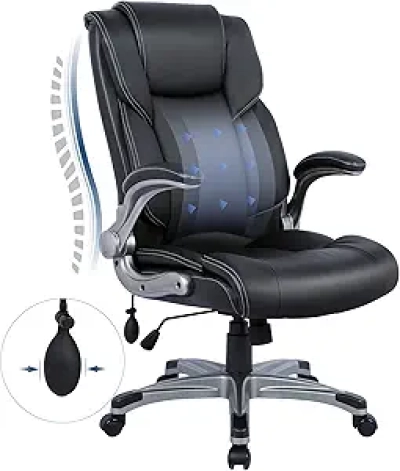 COLAMY High Back Executive Office Chair - Ergonomic Leather Desk Chair with Flip-up Arms