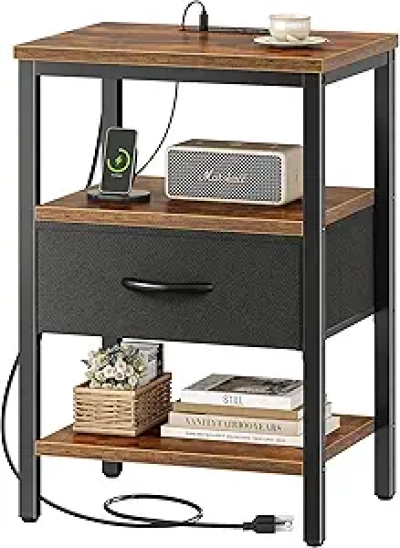 SUPERJARE Nightstand with Charging Station & USB Ports - Rustic Bedroom Side Table