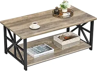 Gray Wash Farmhouse Coffee Table 39" with Storage Shelf & Round Corners