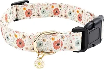 Faygarsle Cute Flower Dog Collar for Small Medium Large Dogs - Designer Cotton Collar with Charms