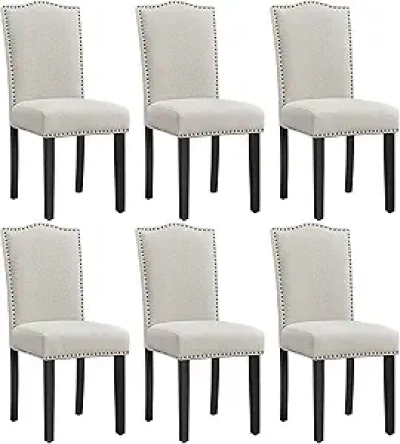 Set of 6 Modern Dining Chairs with Fabric Upholstery & Solid Wood Legs - Beige