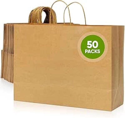 Tobvory Kraft Paper Bags with Handles - 50 Pack Large Recyclable Shopping Bags 16x12
