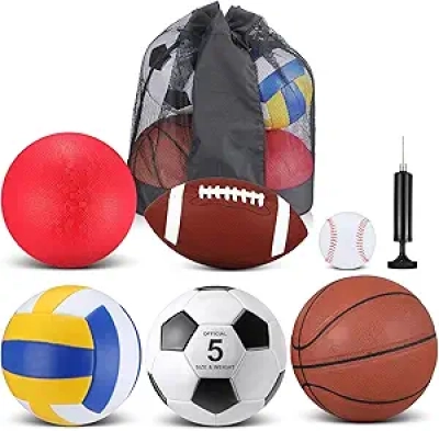 6 Pc Official Size Multi Sport Ball Set with Bag & Pump - Football Basketball Soccer