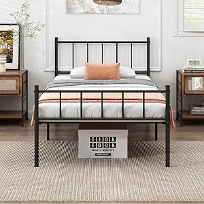 Twin Metal Platform Bed Frame with Steel Slat Support & Under-Bed Storage