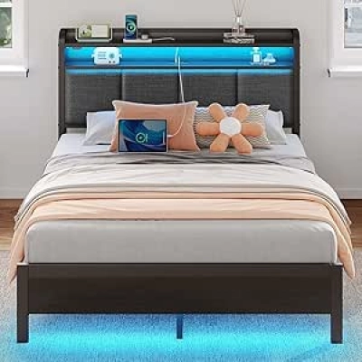 Full Size Bed Frame with LED Lights, Charging Station & Storage - Dark Grey