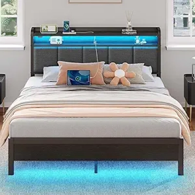 Queen Bed Frame with LED Lights & USB Charging Station | Upholstered Storage Bed