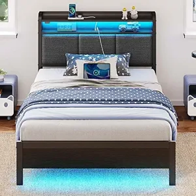 Twin Bed Frame with LED Lights, USB Charging Station & Storage Headboard