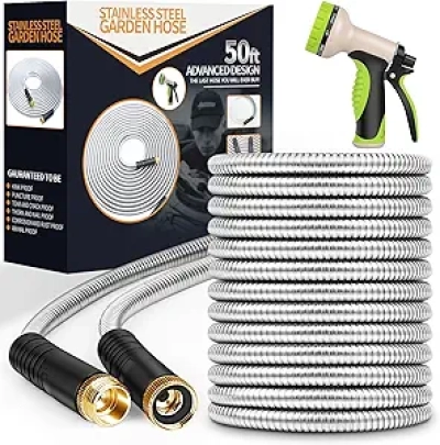 50 ft Stainless Steel Garden Hose with 10 Function Nozzle - Heavy Duty, No-Kink, Pet Proof