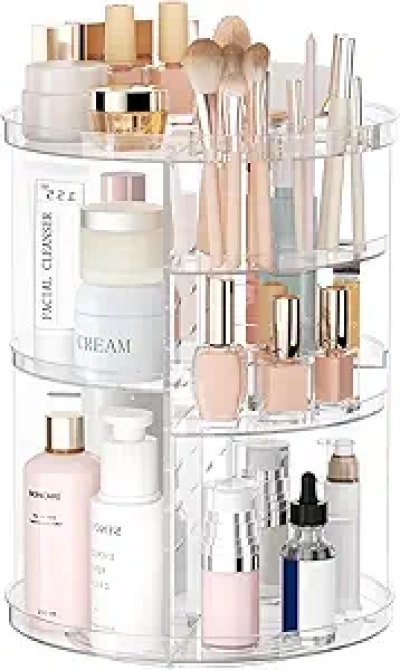 360° Rotating Makeup Organizer with 8 Adjustable Layers & Brush Holder