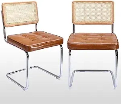 Mid-Century Modern Rattan Dining Chairs Set of 2 | Cantilever Design with Faux Leather