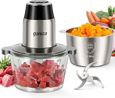 GANIZA 450W Electric Food Processor with Meat Grinder | Dual 8-Cup Bowls & 2 Blade Sets