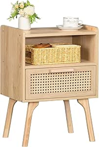 Lerliuo Rattan Nightstand - Boho Bedside Table with Drawer & Open Shelf