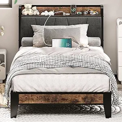 Twin Bed Frame with Storage Headboard & USB Charging Station