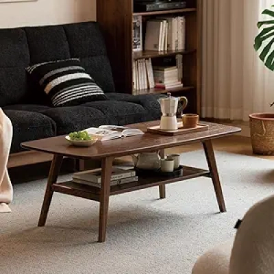 Solid Oak Coffee Table with Storage - Mid Century Modern 47" Walnut Finish