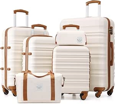 LONG VACATION 6 Piece Luggage Set with Spinner Wheels, TSA Lock & Carry-On Suitcase