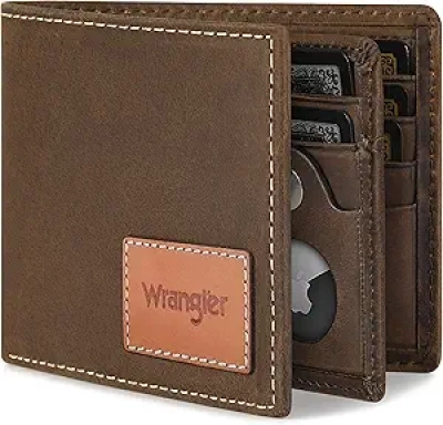 Wrangler Men's Genuine Leather Bifold Wallet with AirTag Holder & RFID Blocking