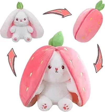 Reversible Strawberry Bunny Plush Toy - Transformable Cuddle Stuffed Animal