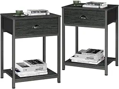 Furologee Nightstands Set of 2 - Industrial Bedside Table with Fabric Drawer & Storage Shelf