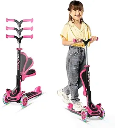 3-in-1 Kids Scooter with LED Light-Up Wheels, Foldable Seat & Adjustable Handlebar
