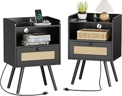 SUPERJARE Nightstands with Charging Station - Set of 2 Bedside Tables with USB & Power Outlets