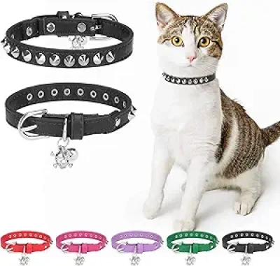 Leather Cat Collar with Bell & Safety Buckle - Adjustable Studded Kitten Collar